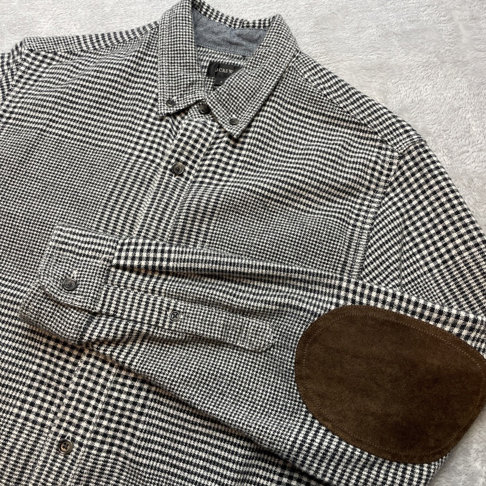 J Crew Mens Wool Blend Shirt Size S Black Houndstooth‎ Button Down Elbow Patch